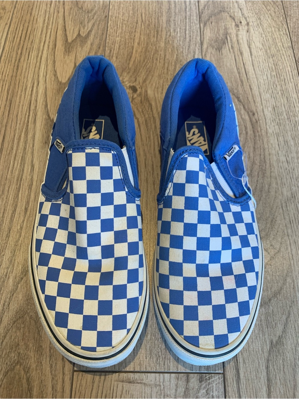 Vans Kids Blue and White Checkerboard Slip-On Sneakers Like New size 4.5